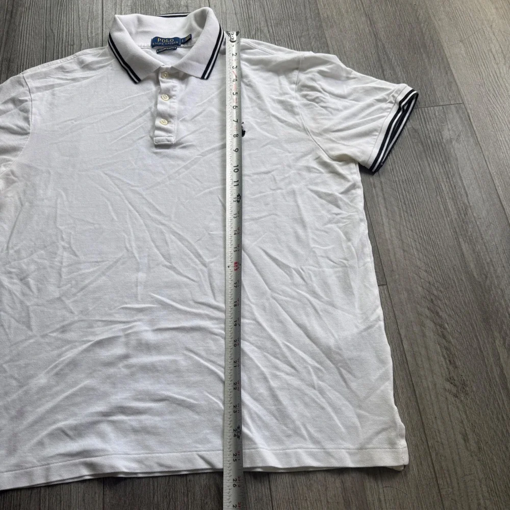 Polo Ralph Lauren Mens L Custom Slim Fit White Polo Navy Trim Pony Tipped Collar